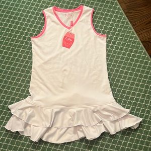 Kids Li Mi tennis dress in size large-white with pink detail
